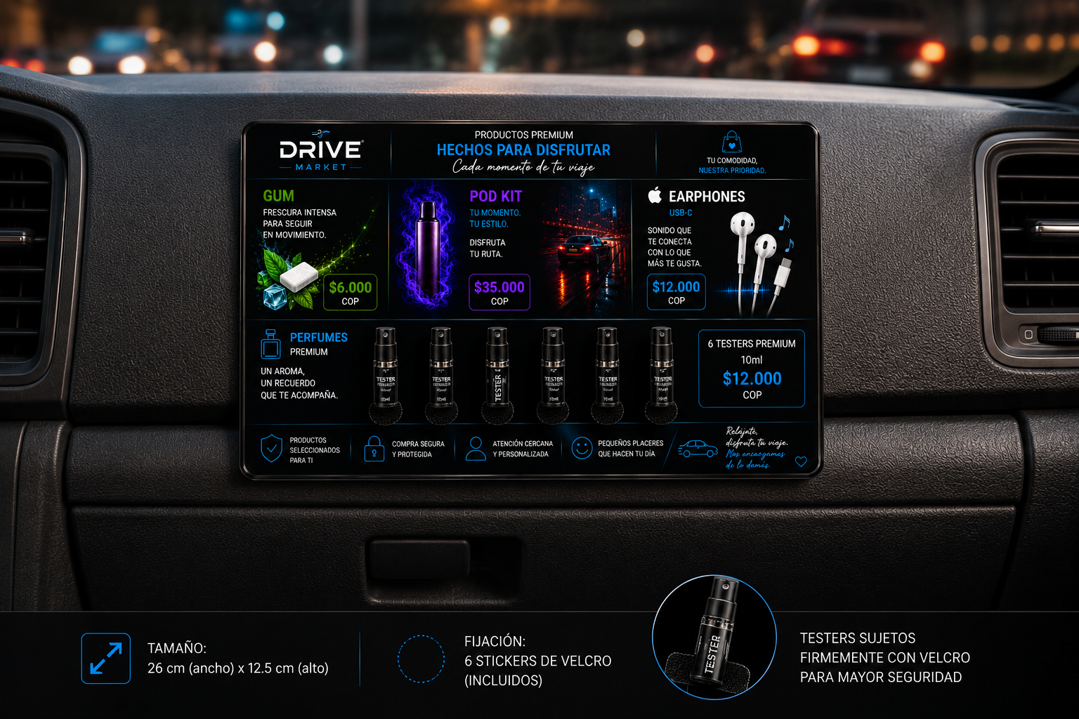 Exhibidor acrílico DriveMarket montado en el tablero de un carro con productos premium